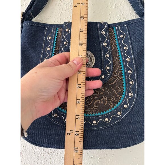 Canyon Sky Womens Denim Crossbody Bag With Turquoise Embellishment - Picture 9 of 12